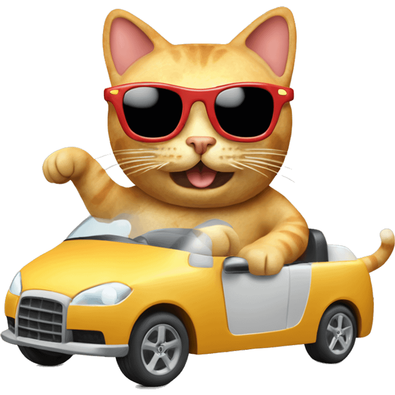 cat wearing sunglasses driving a car made completely out of a swiss cheese block and sausage wheels emoji