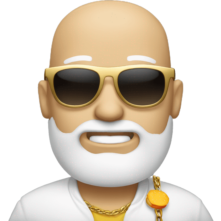 A white man that’s bald with a beard wearing sunglasses and a gold chain holding a hamburger  emoji