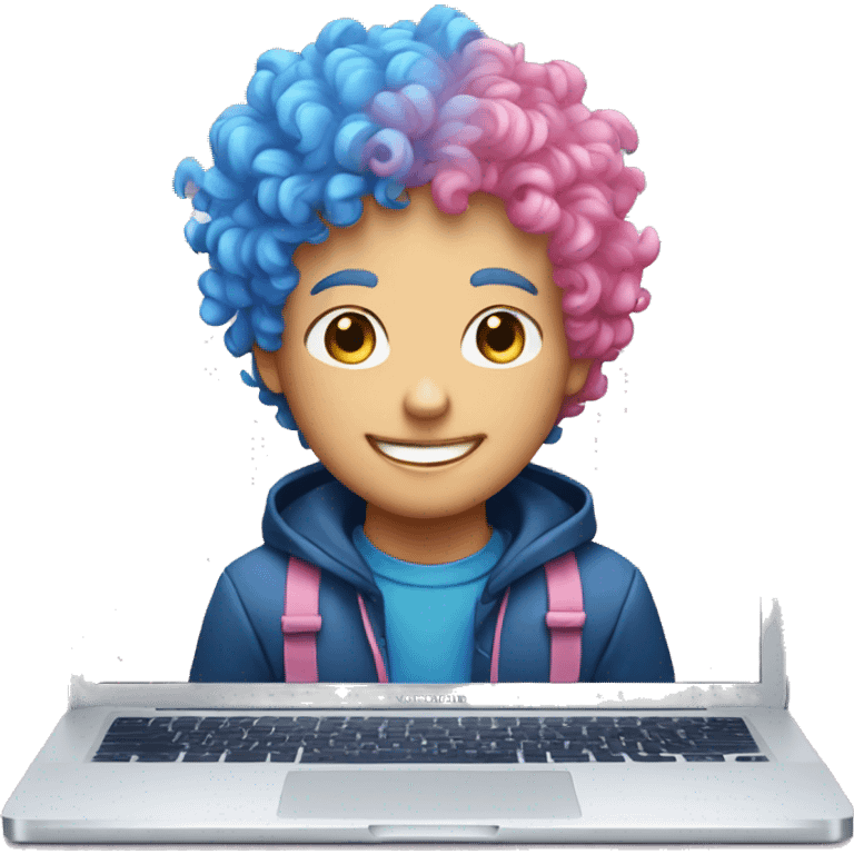 White smiling boy with blue and pink curly hair in front of a Macbook emoji