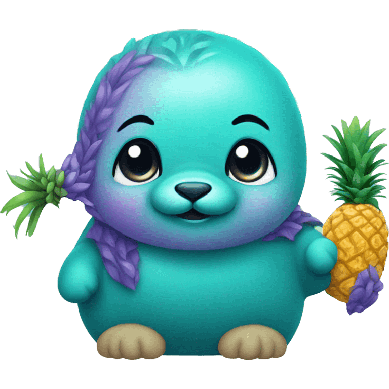 teal-colored seal holding a purple-colored pineapple emoji