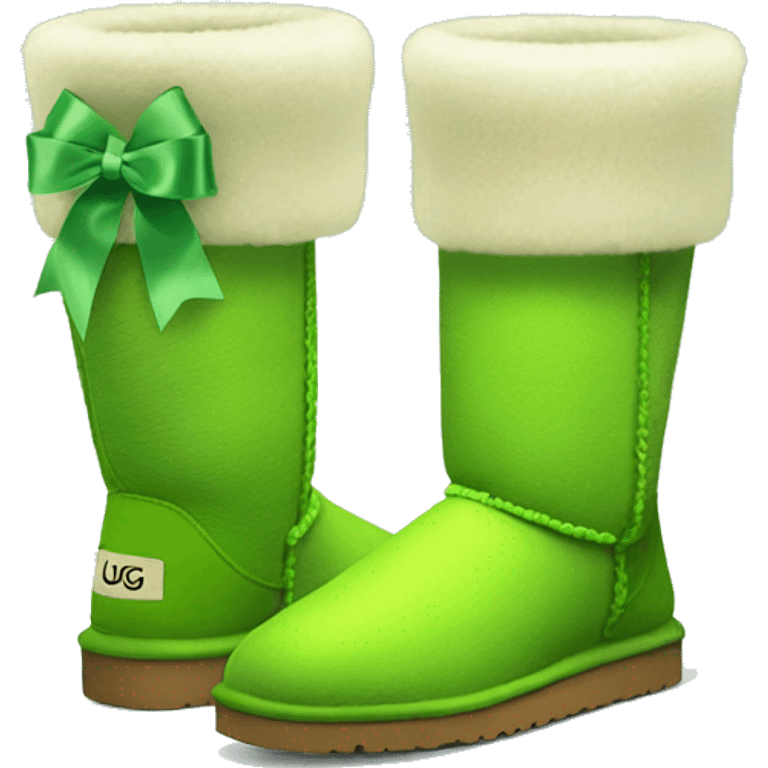 Tall Pair of lime green fur Ugg boots with green silk ribbon bow. emoji