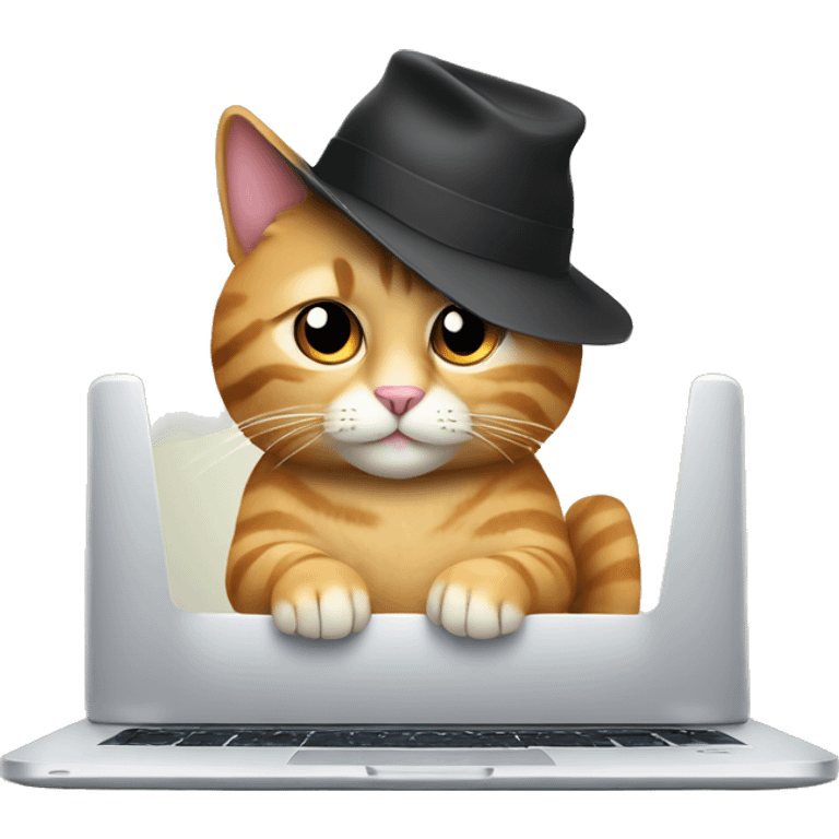 A cat with a hat is sitting and typing on the Laptop emoji