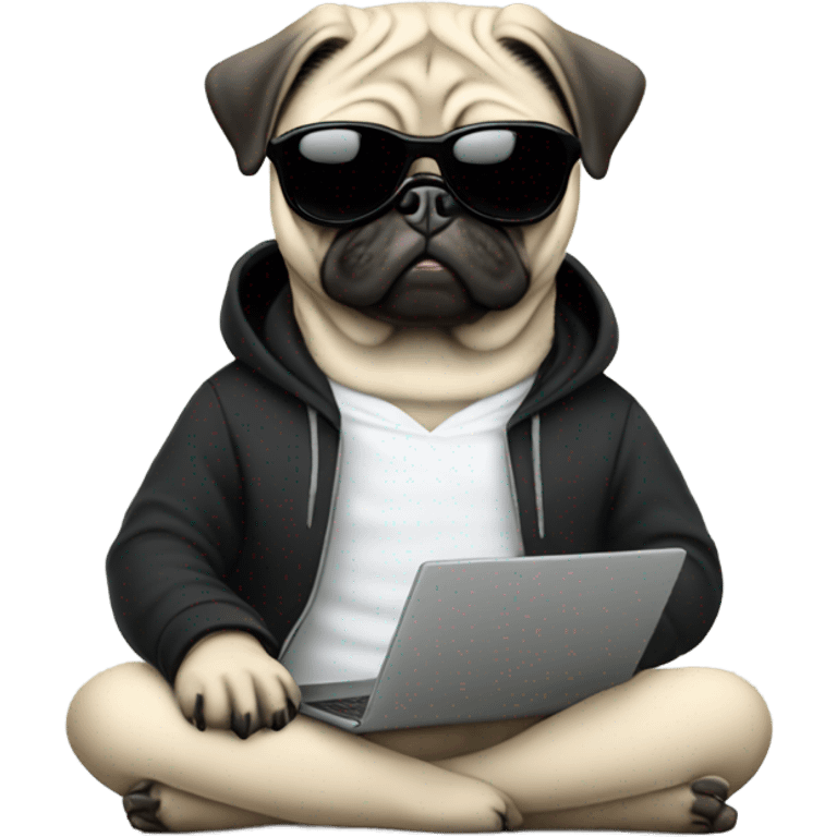 Pug wearing a black hoodie and using a laptop and wearing sunglasses emoji