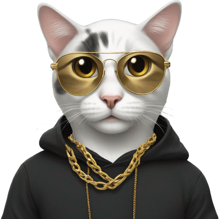 Create a cat wearing a black hoodie, with aviator glasses and a gold chain  emoji