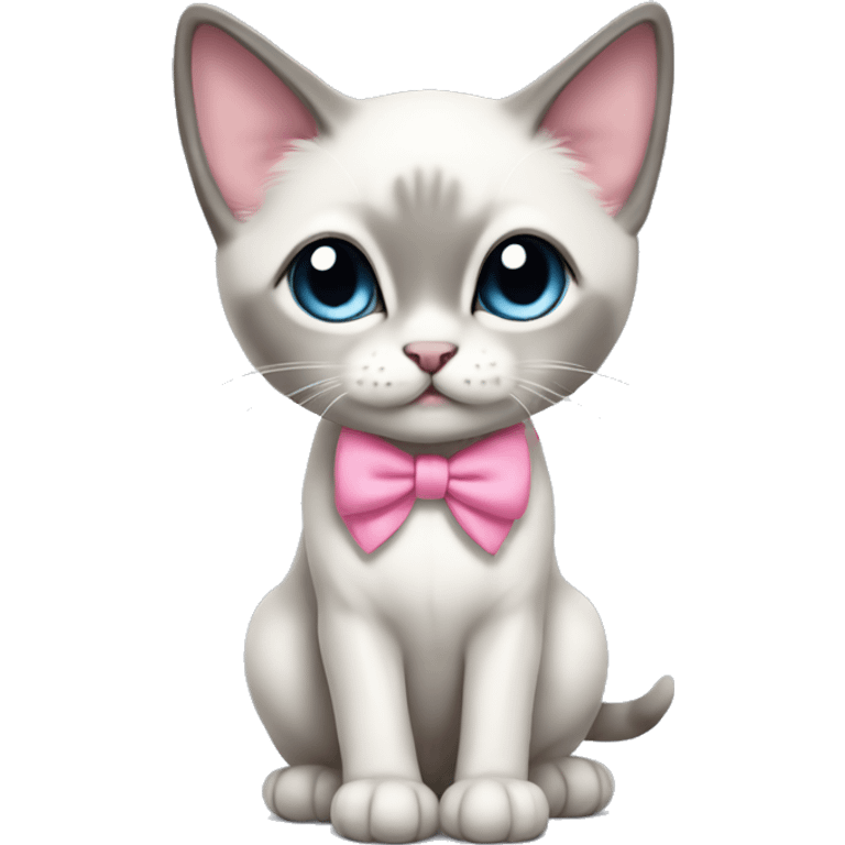 kawaii white and gray siamese kitten with pink bow full body emoji