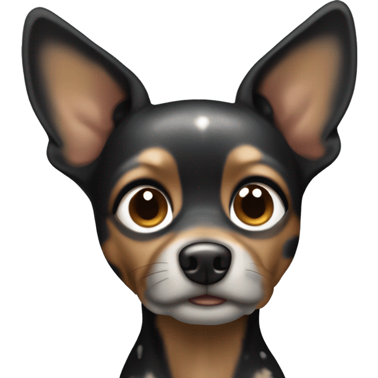 Cute Toy terrier, dark merle color (black, caramel and grey color, grey are spots) with big ears. One eye is dark brown, the other one is half dark brown half blue emoji