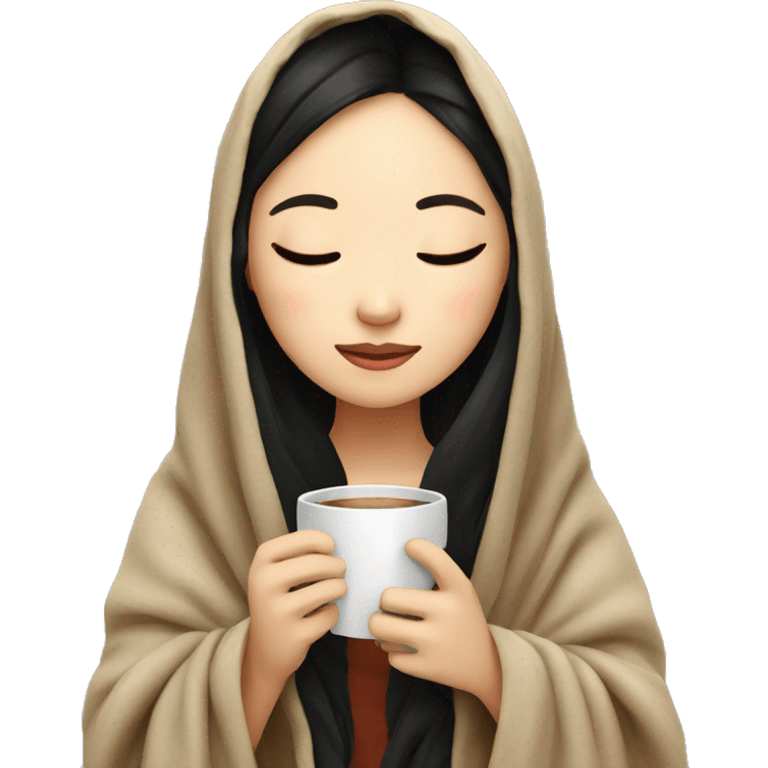 Asian girl inside a blanket sipping coffee eyes closed black hair emoji