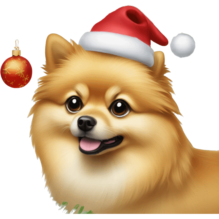 Pomeranian dog under Christmas tree  emoji