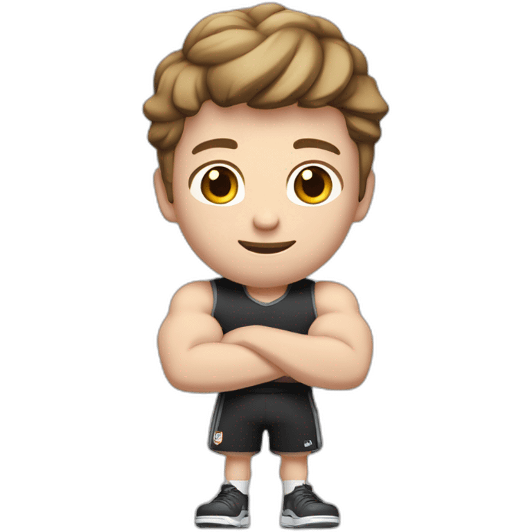 Close up Actively gesturing  with hands Pale skinned Fit Man With the biceps and brown hair in dark gray Sleeveless Mike, black oversize sports shorts, watch and white Sneakers emoji