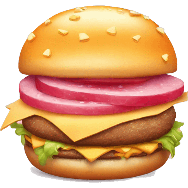 A cheese burger food item with a face. It’s wearing a pink wig, has gorgeous diva eyes with eye makeup and has plump full pink lips. It also sparkles  emoji