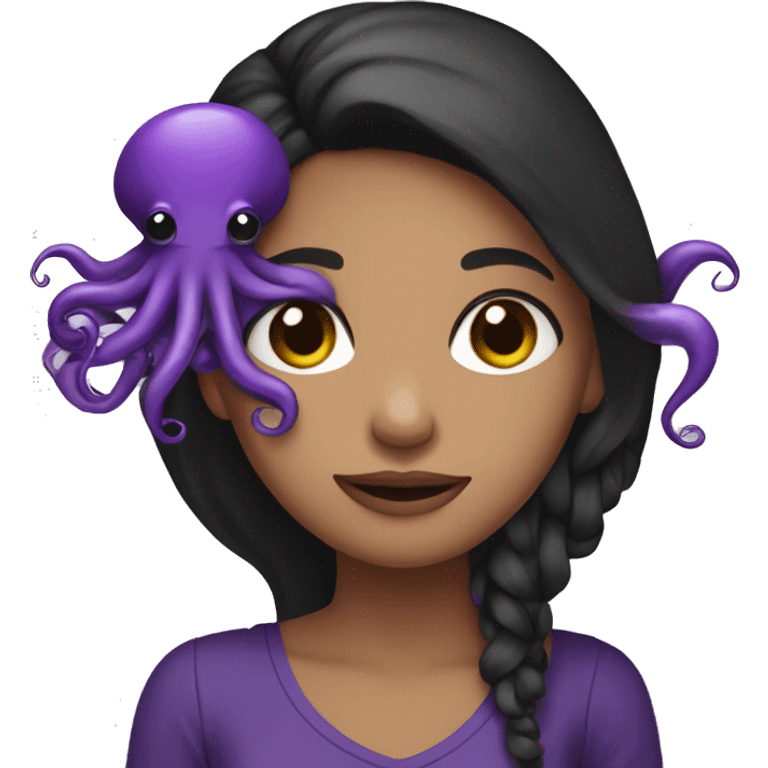 girl with longish very dark brown hair (semi-black) wearing an all-purple outfit, holding a purple octopus emoji