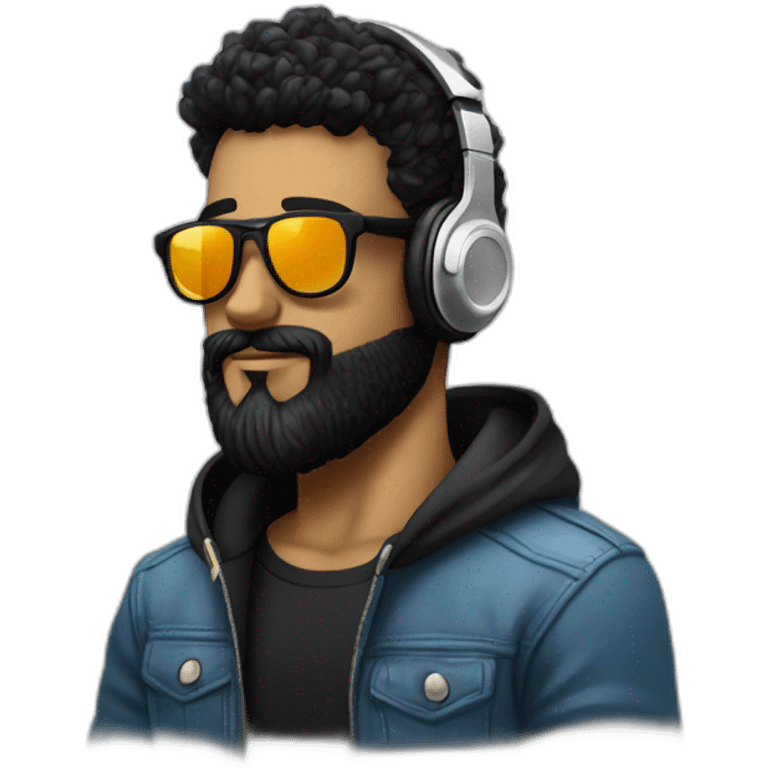 A stylish boy wearing headphones and sun glasses and in background music waves black hair black beard new trending look emoji