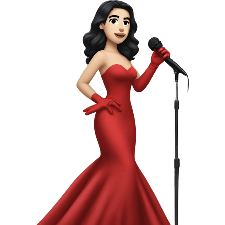 Dua Lipa, with dark hair, wearing a red gown with red gloves, singing with a microphone on her hand. emoji