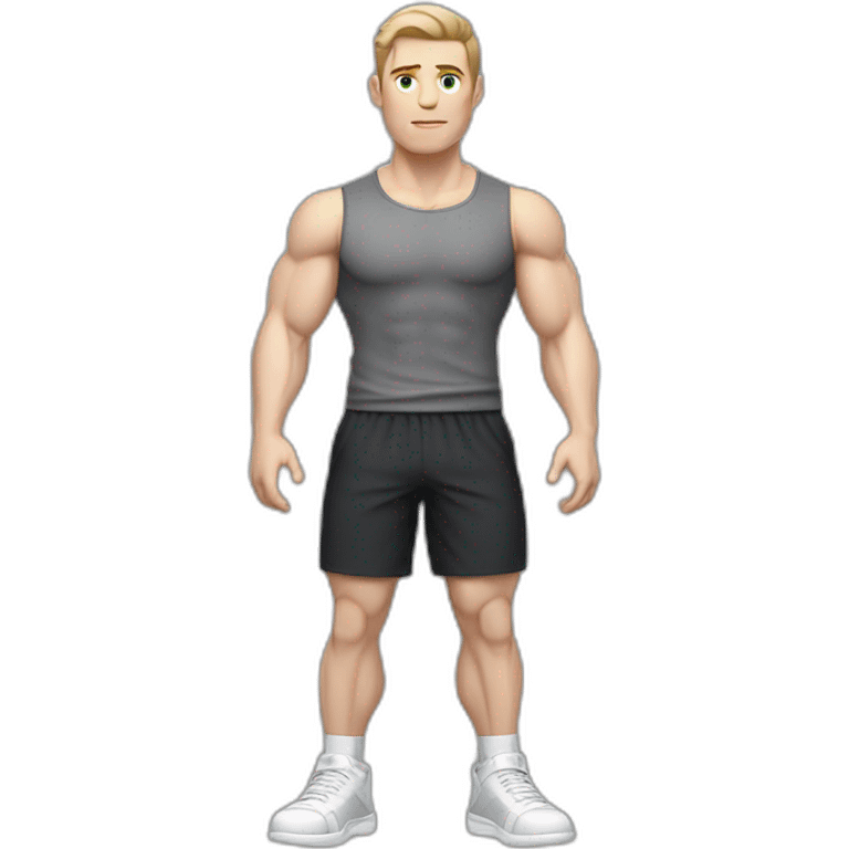 Pale skinned Fit Man With the biceps and dark brown hair in black shirt, gray sports shorts and white Sneakers emoji