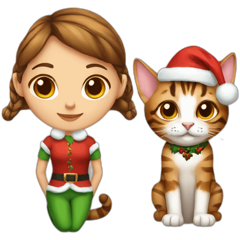 brown hair female christmas elf with a bengal cat emoji