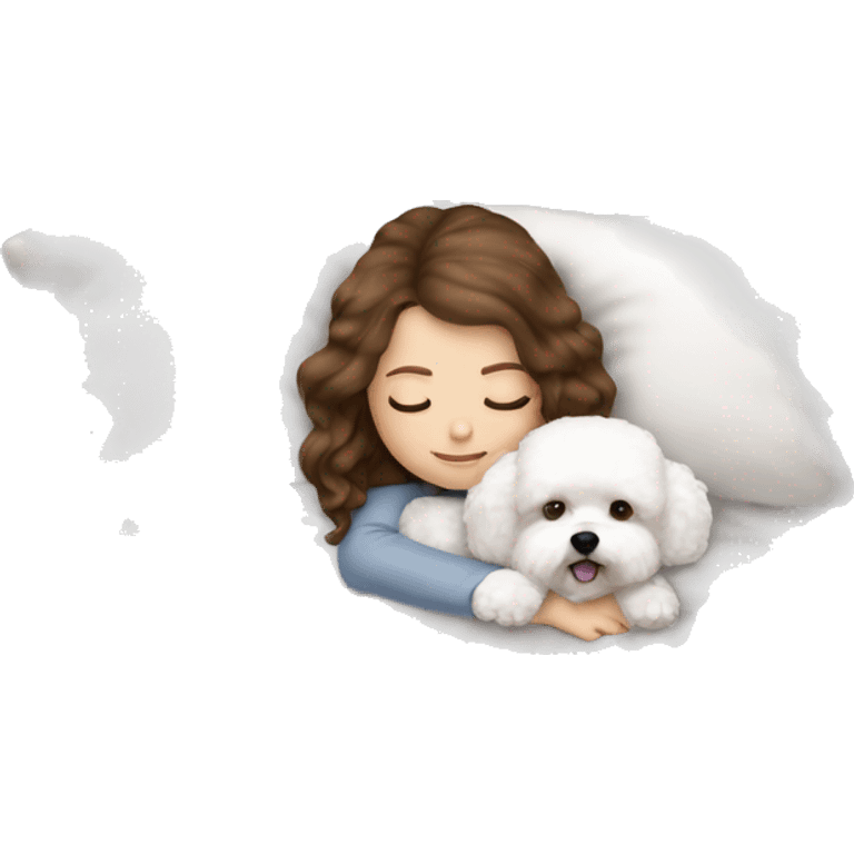 White girl brown hair sleeping with Mini Bichon emoji