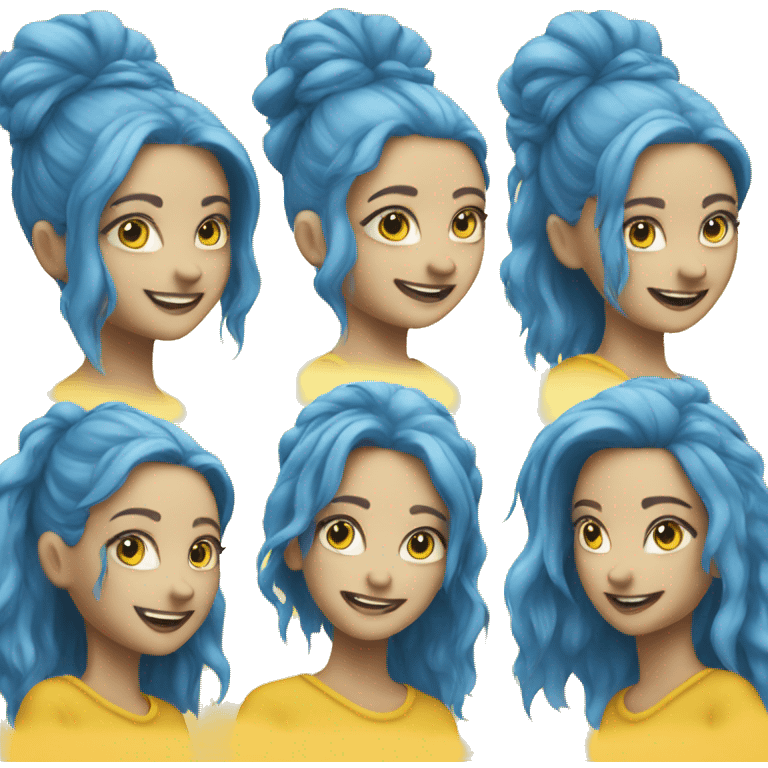 yellow smiling emoji woman blue hair blue eyes emoji