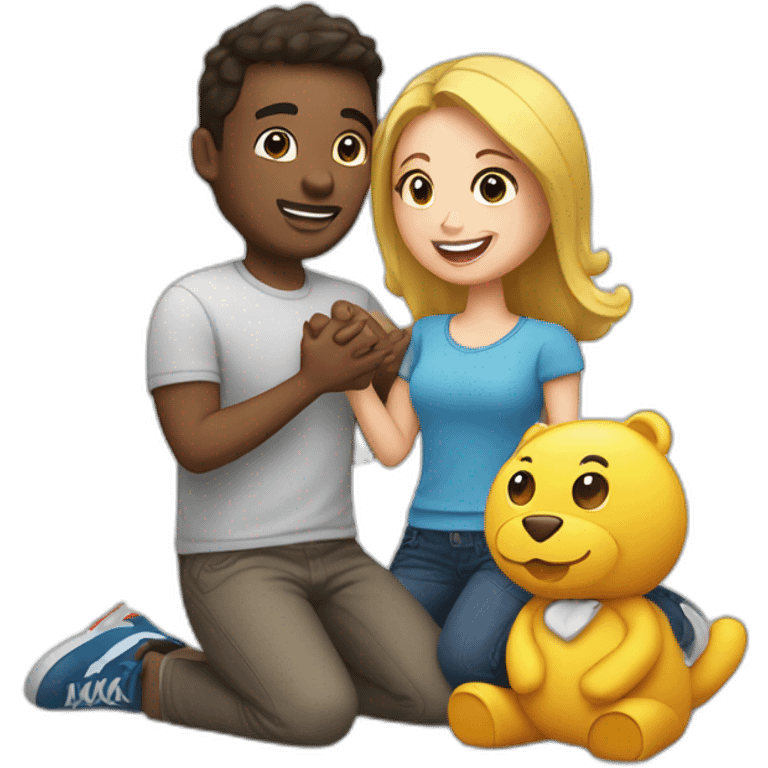 A guy is on his knee and proposing his girlfriend with stuff toys emoji