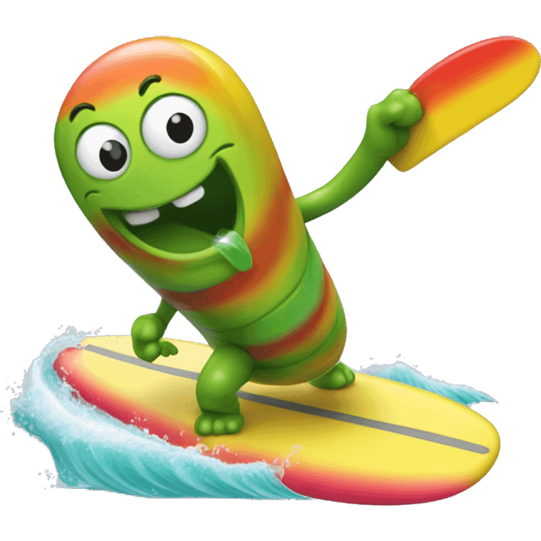 Gummy worm riding surf board emoji