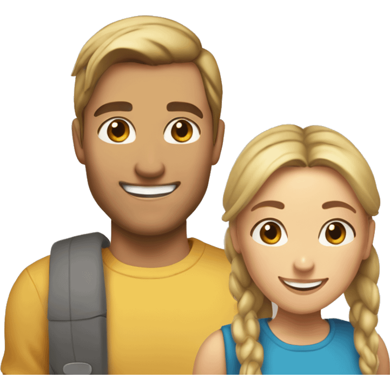 Woman and man smiling, woman has straight Brown hair in a ponytail, slightly sunkissed skin, man has blonde long hair which are in a ponytail, slightly sunkissed skin emoji