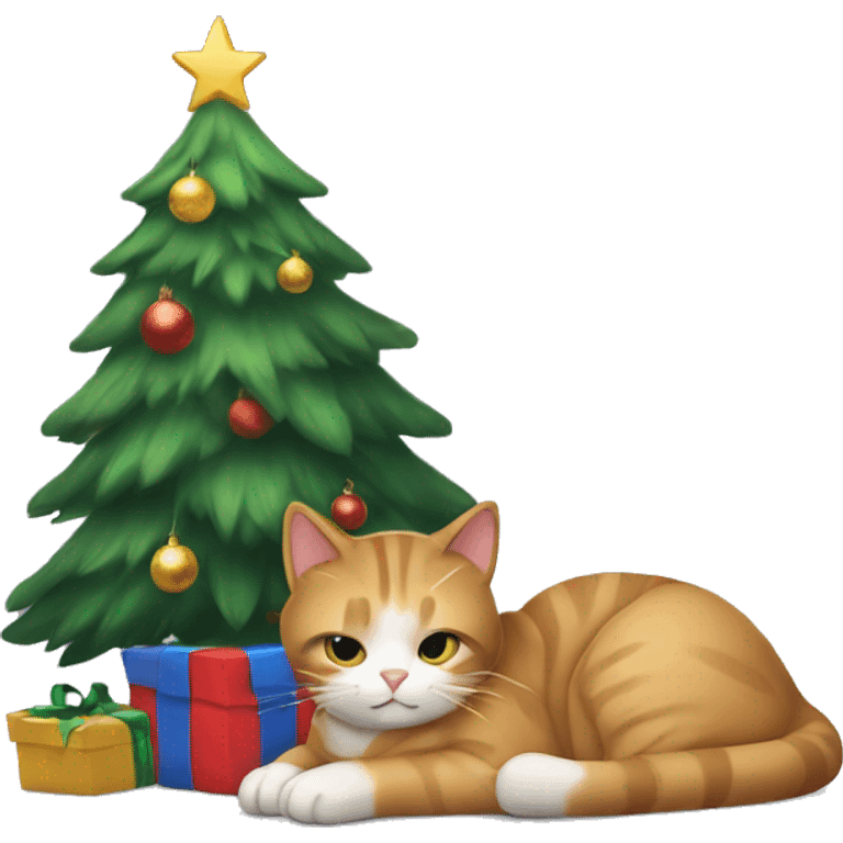 Cat snuggled under a Christmas tree emoji