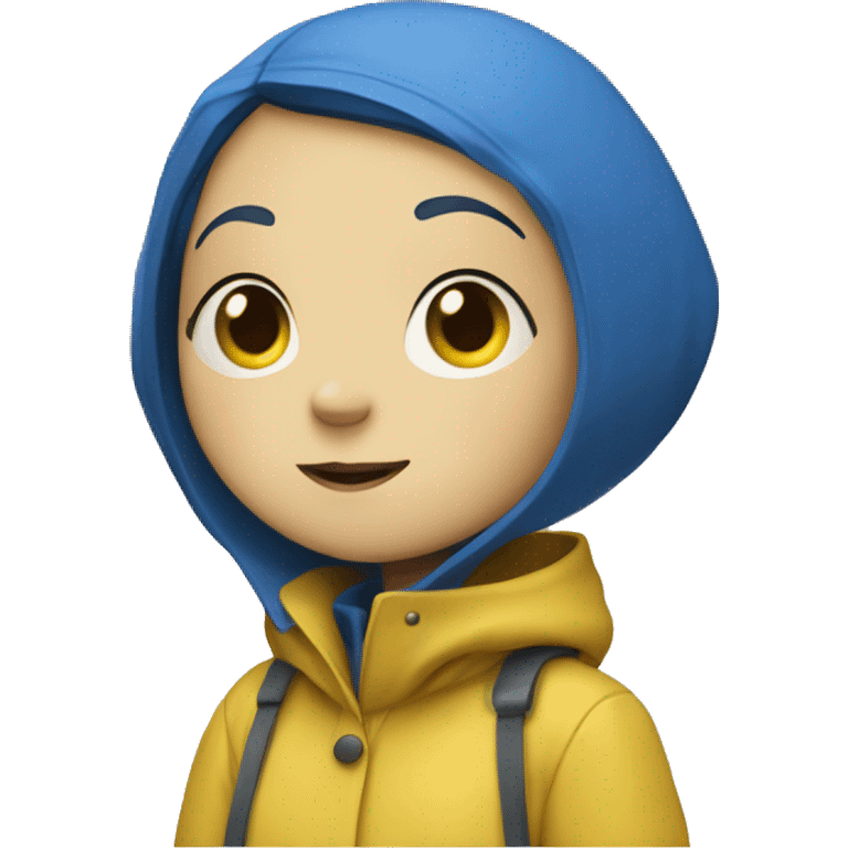 coraline girl with short blue hair and yellow raincoat emoji