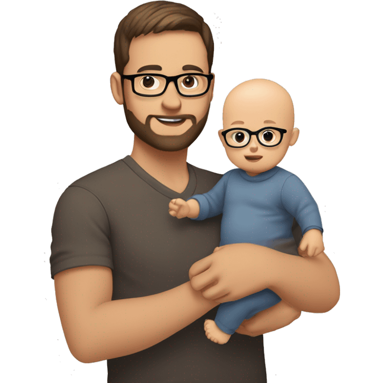 Dad brown short hair and glasses with 3 day beard with baby no hair (4 Month old) holding him on arm. Dad is a stock investor, white skin color both emoji