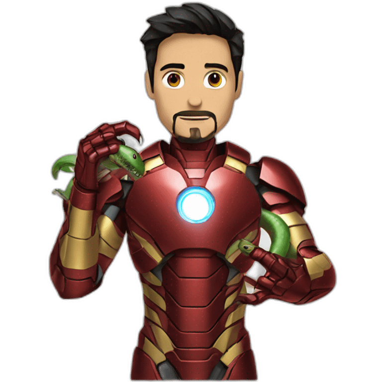 iron man holding a snake on his right hand and he looking that snake emoji