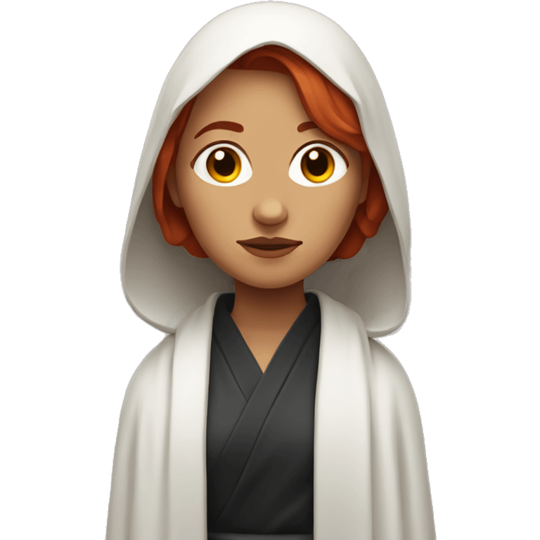 woman in a robe looking sombre with a religious vibe and red hair  emoji