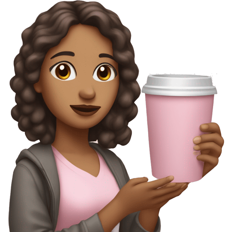 Latina girl holding a light pink Bible in one hand and a coffee in the other hand emoji