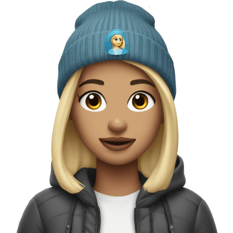 blonde girl with airpod max and a beanie emoji