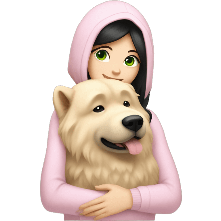 pretty woman with pale skin, very long black hair and green eyes and light pink outfit hugging a beige fluffy chow chow dog emoji