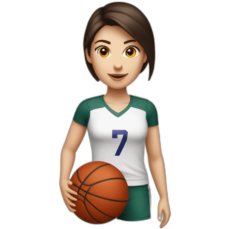 White skin brunette female playing football with very small basket ball emoji