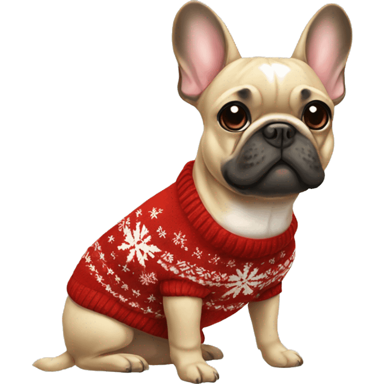 A Frenchie with a Christmas sweater emoji