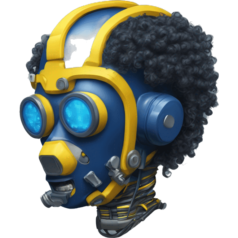 Dark Blue curly hair cyborg head with yellow respirator mask and circuitry emoji