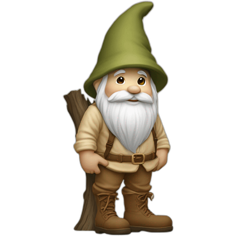 side view of gnome with light tan pants and boots squatting above tiny brown log emoji