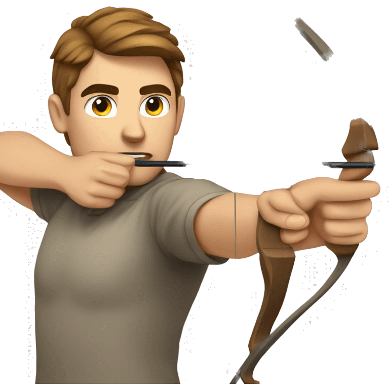 a male archer aiming with a bow looking at his target, wearing a tshirt, brown hair, bright skin, emoji