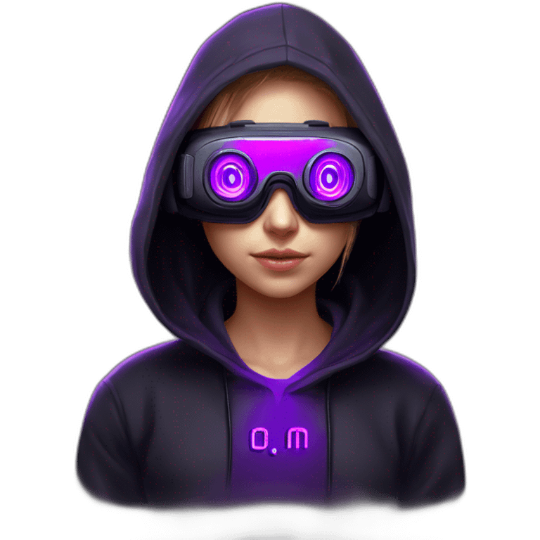 Russian student in the black hoody with violet letters "OMG" on it, wearing vr headset. Cyberpunk style. Violet neon. emoji