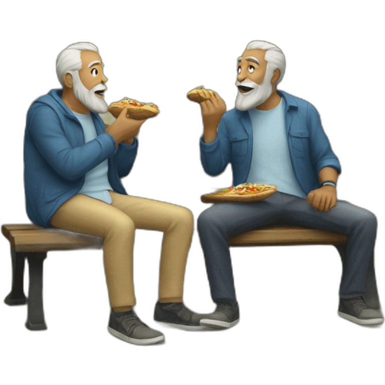 two old beard men eating shawarma on a bench on a park emoji