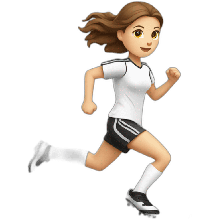 Caucasian girl with brown long hair running with a soccer ball wearing White short and black shorts emoji