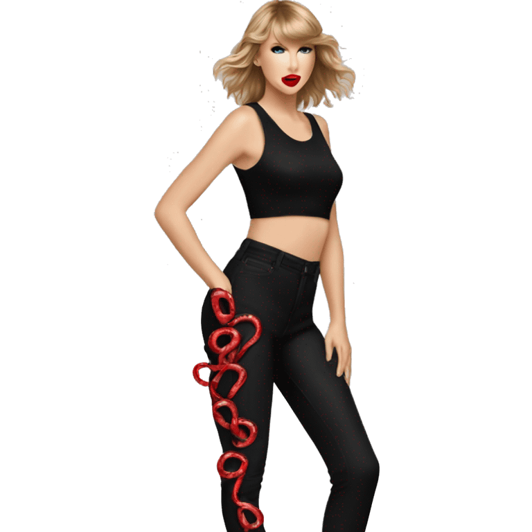 taylor swift with black pant bodysuit with red snakes emoji