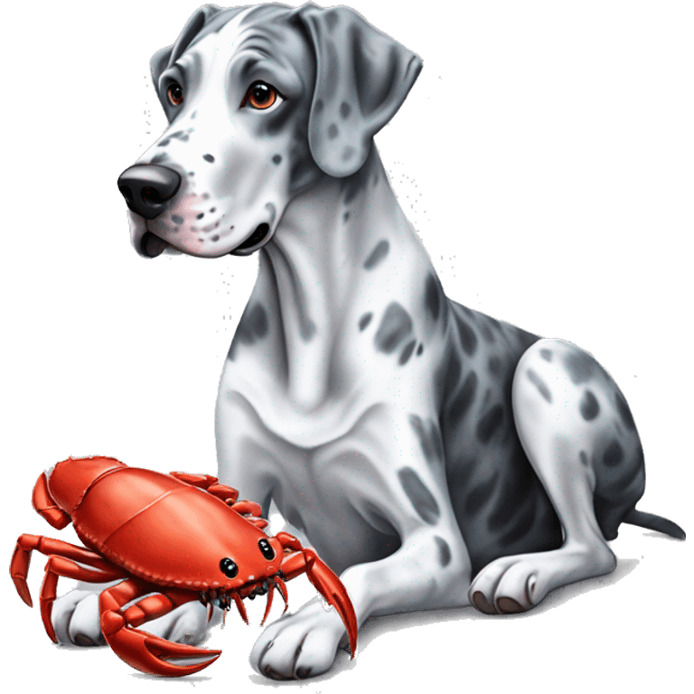 Blue Merle Great Dane eating red crab emoji