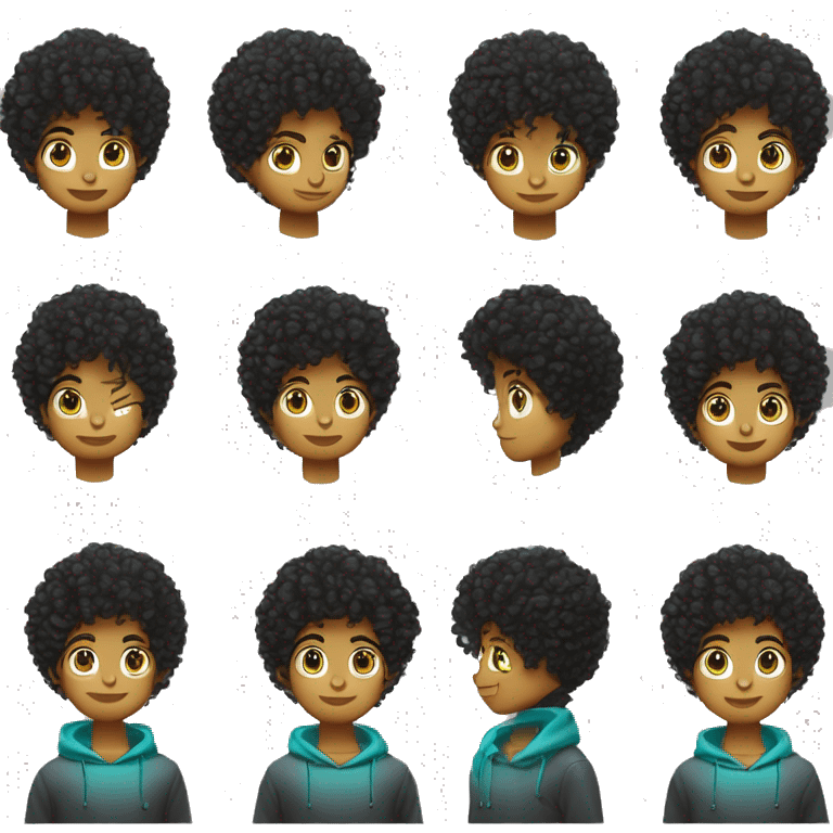 Garçon aux cheveux bouclés brun mèche de cheveux blanche à gauche yeux turquoises porte un sweat-shirt noir et trois piercings noir à l'oreille droite  emoji