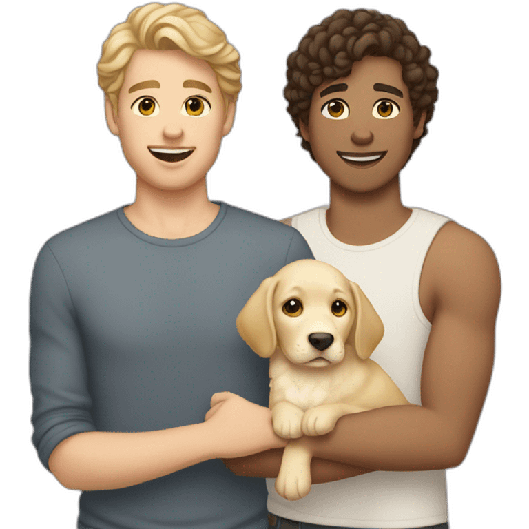 gay couple, both are white, the 1st is brunnet with slightly-curly hair, the 2nd man is Australian brunette , they are holding one light yellow labrador retriever puppy emoji