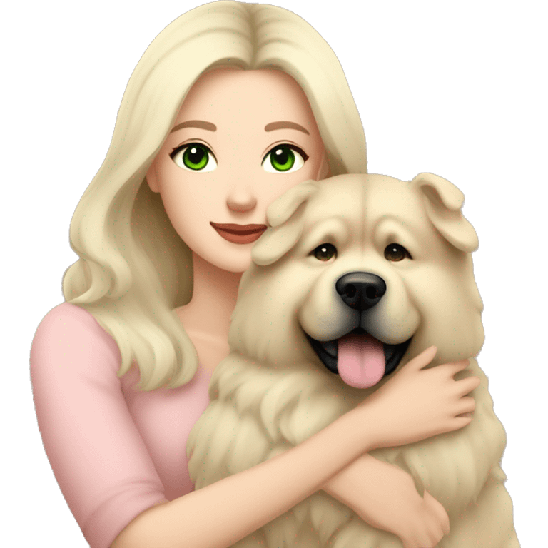 pretty woman with pale skin, very long black hair and green eyes and light pink outfit hugging a beige fluffy chow chow dog emoji