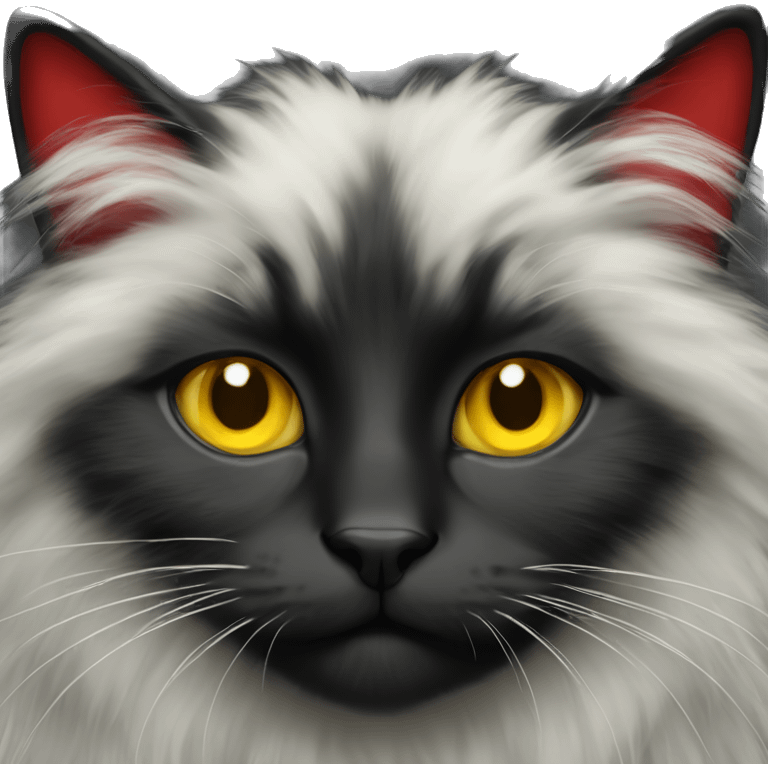 black, red, white fluffy cat with yellow eyes emoji