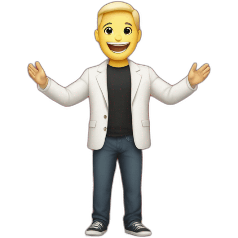 white light skin man person standing in a theater with red curtains standing on elevated stage holding a microphone smiling with light hair emoji