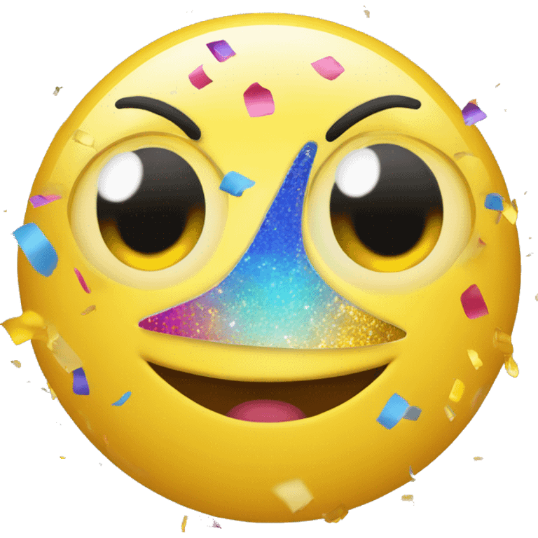 reate a 3D happy emoji with a bright yellow sphere, large sparkling eyes, and a wide grin. Add colorful confetti around it, and use a glossy finish for a vibrant look. emoji