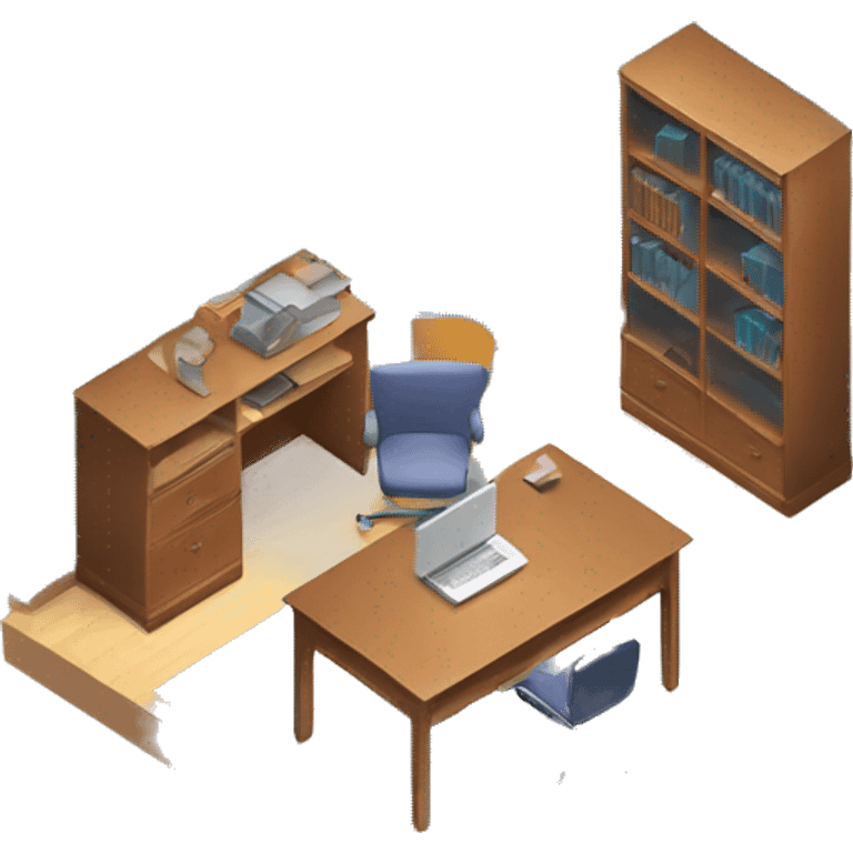 isometric square transparent solid outline border containing an office desk where a laptop and a set of books are arranged emoji