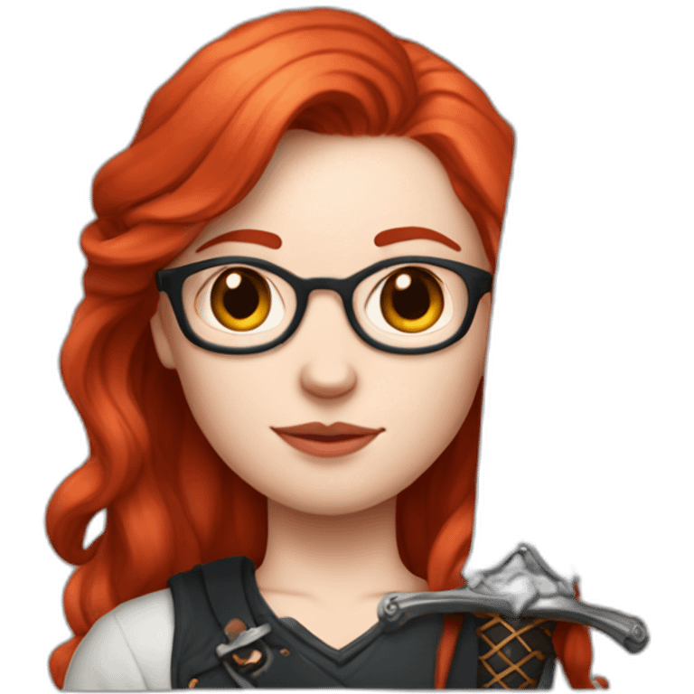 very pale girl with glasses and earrings and straight middle length red hair and sword earrings and heart tatoo emoji